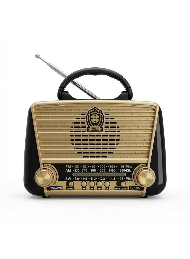 راديو كلاسيكي محمول - 3 موجات FM/AM/SW مع بلوتوث وUSB ومشغل MP3 وكشاف إضاءة - مكبر صوت هاي فاي قابل لإعادة الشحن للمنزل - موديل R-3166BT - Image 1